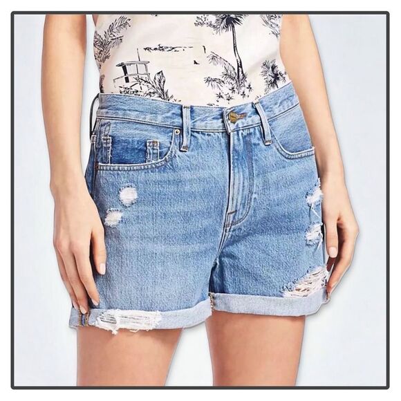 NWT Frame Denim Le Beau Distressed Cuffed Hem Jean Shorts in Elsey Rips - Picture 4 of 16